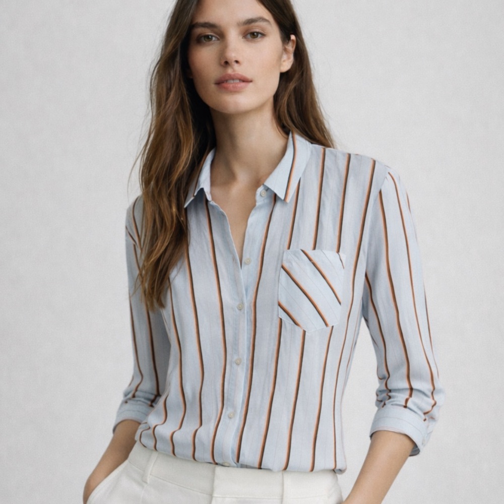 Cotelac Tailored Striped Button-Down Blouse Shirt in Light Blue